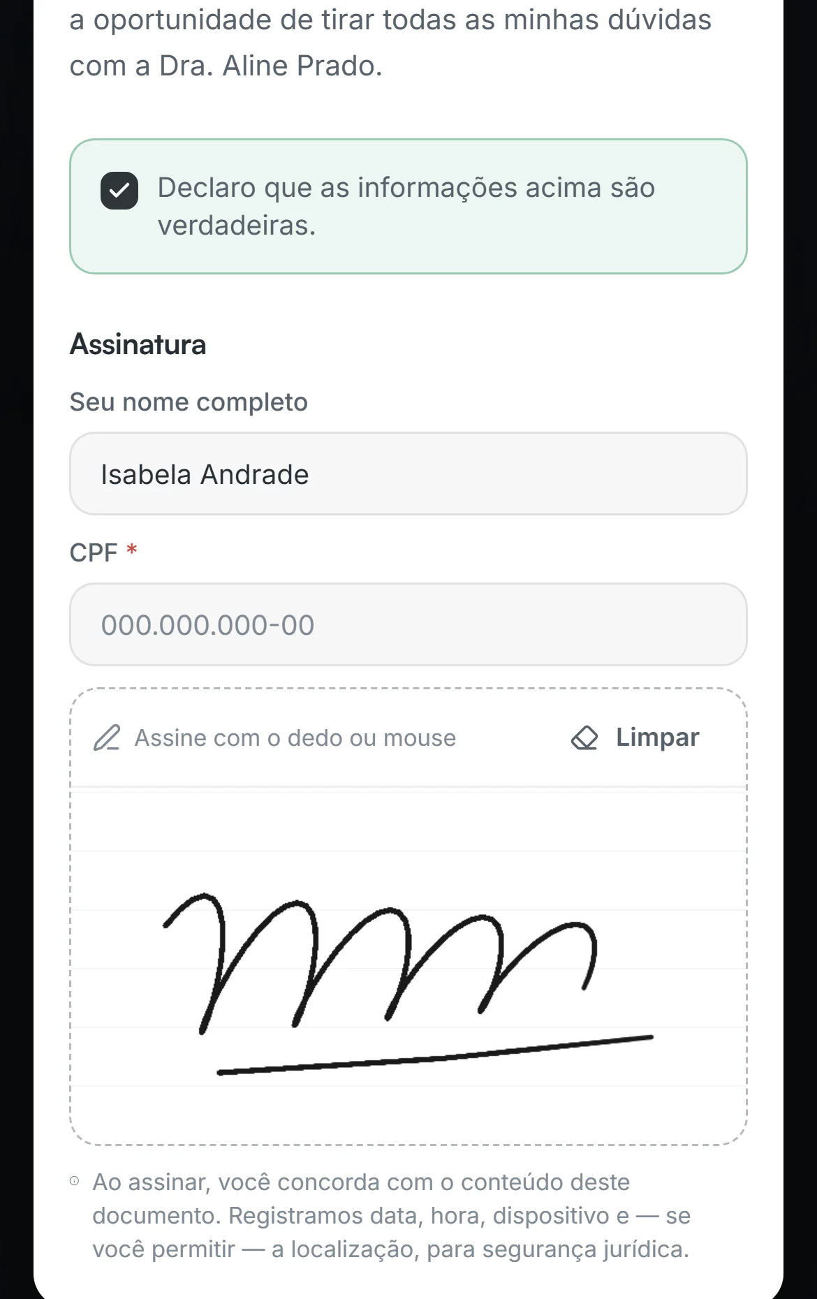 Termo de consentimento no celular da paciente, com a assinatura desenhada na tela