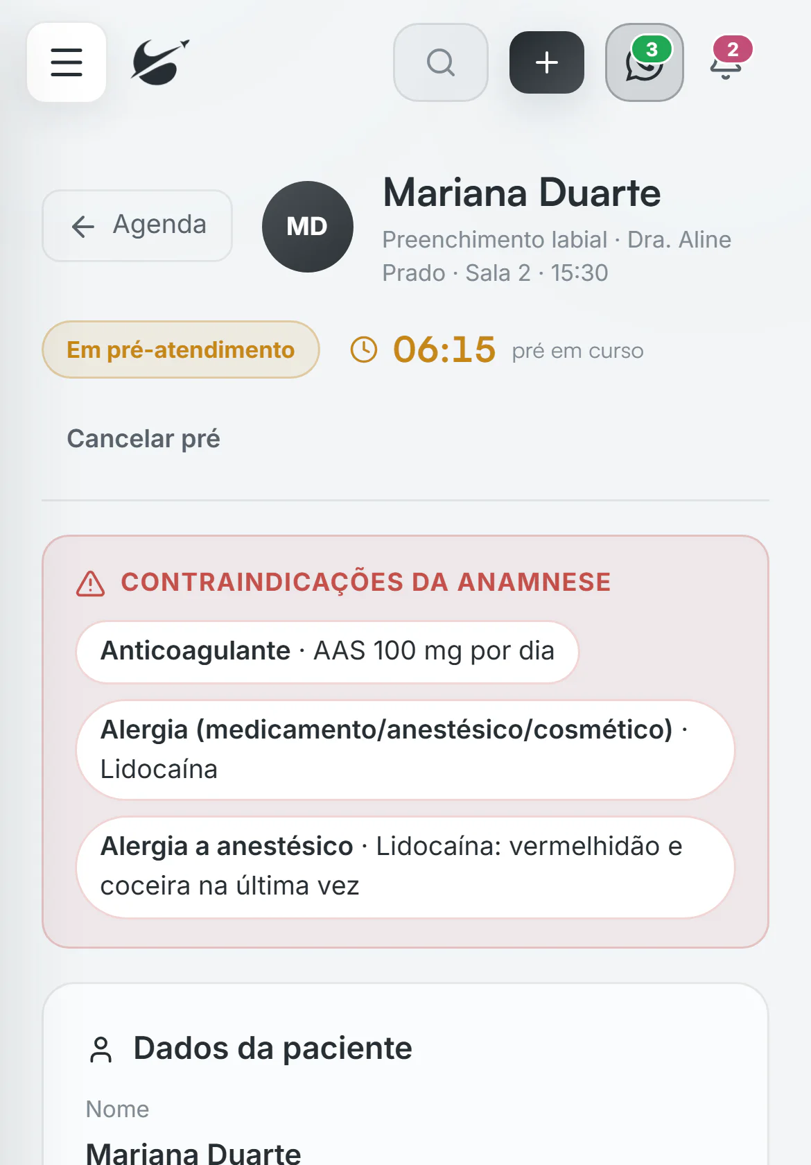 Pré-atendimento na Sidera com a faixa de contraindicações: anticoagulante e alergia a anestésico